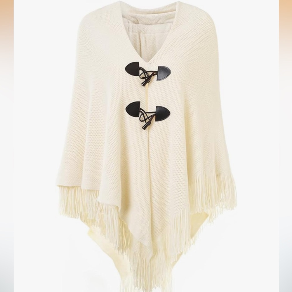 Ferand Beige Loose Fitting Poncho Cape Shawl w/ Horn Buttons